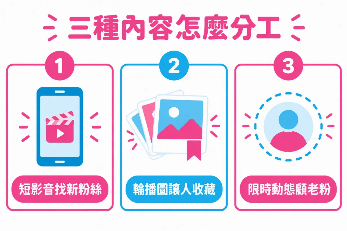 三種內容怎麼分工圖解：短影音找新粉絲、輪播圖讓人收藏、限時動態顧老粉