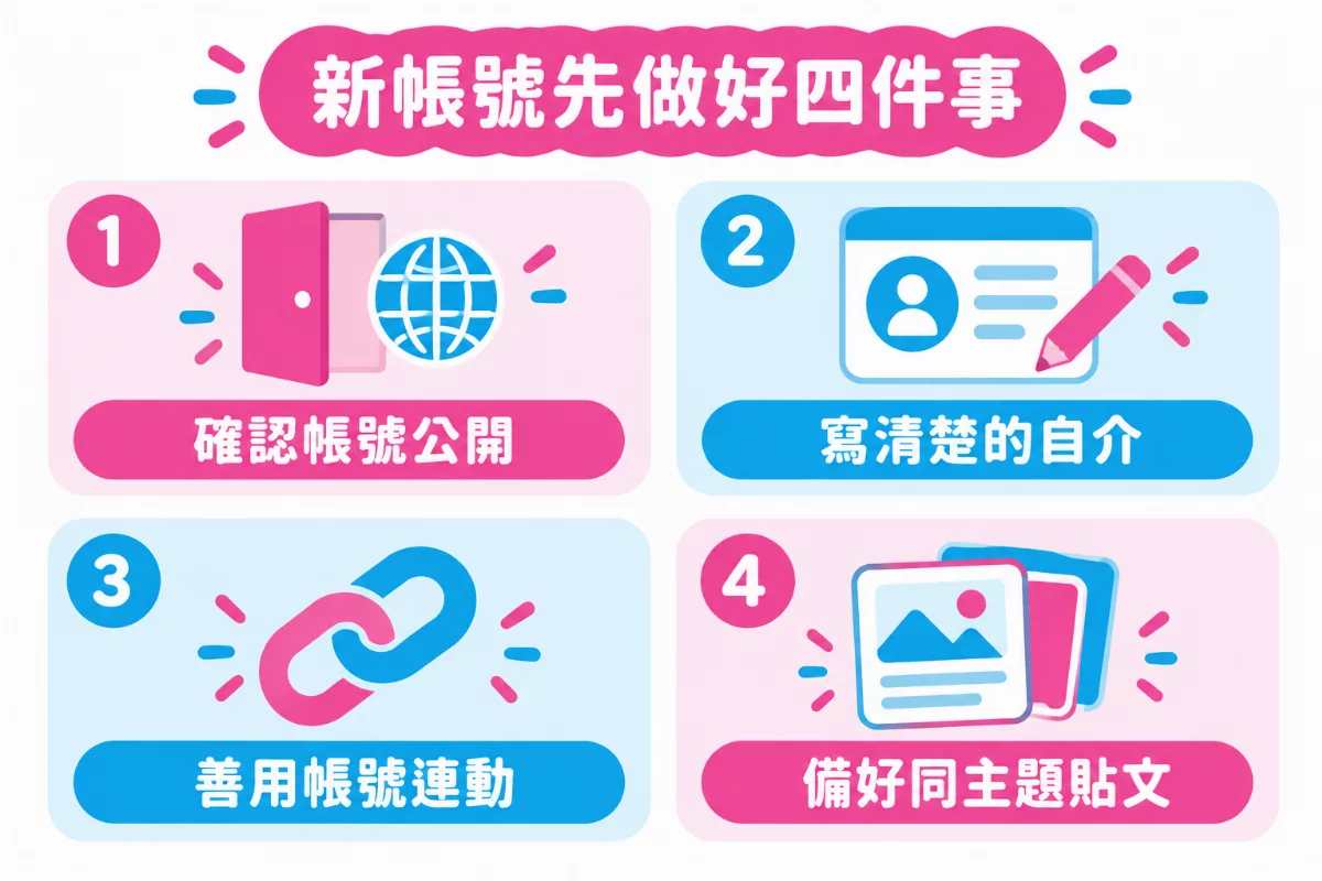 新帳號先做好四件事:確認帳號公開、寫清楚的自介、善用帳號連動、備好同主題貼文