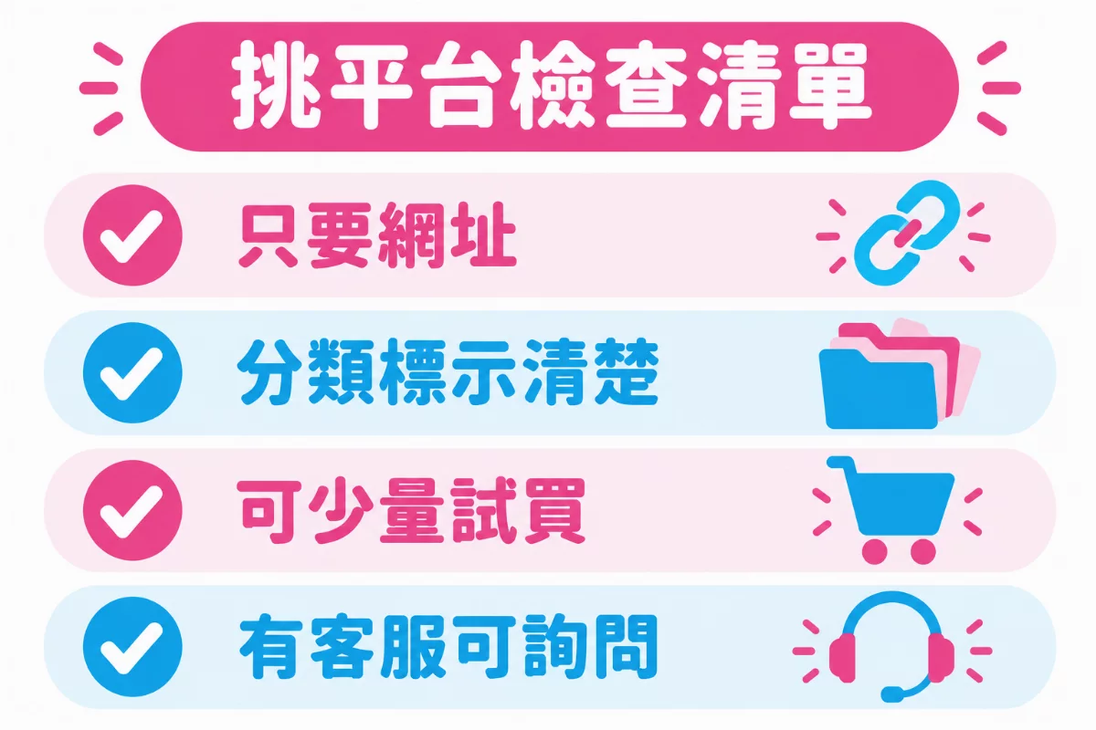 挑平台檢查清單圖解:只要網址、分類標示清楚、可少量試買、有客服可詢問