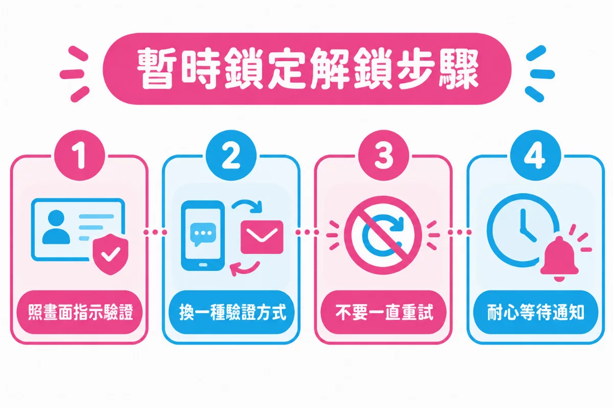 暫時鎖定解鎖步驟:照畫面指示驗證、換一種驗證方式、不要一直重試、耐心等待通知