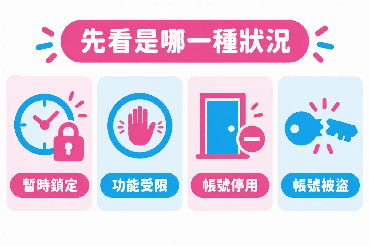 先看是哪一種狀況:暫時鎖定、功能受限、帳號停用、帳號被盜四種卡片圖解