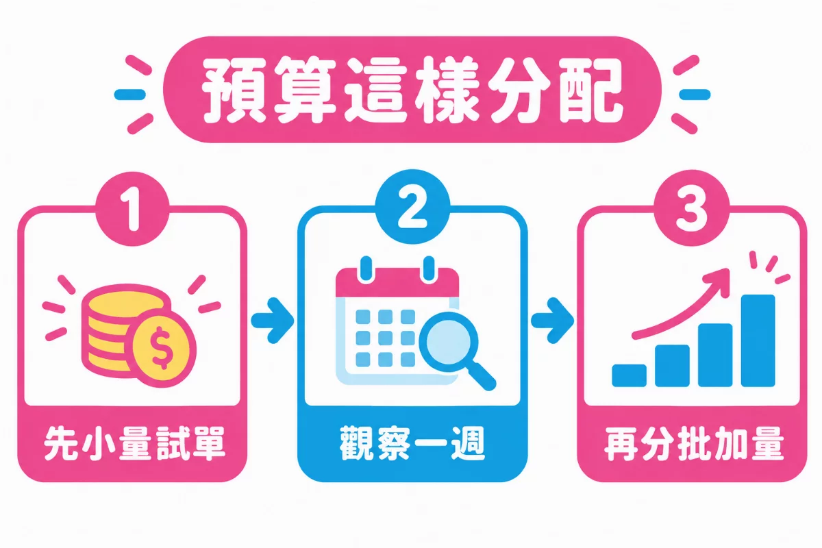 預算這樣分配：先小量試單、觀察一週、再分批加量