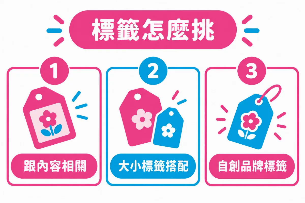 標籤怎麼挑圖解:一、跟內容相關,二、大小標籤搭配,三、自創品牌標籤