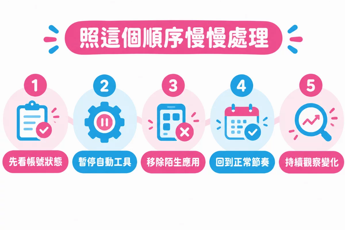 限流後照這個順序慢慢處理：先看帳號狀態、暫停自動工具、移除陌生應用、回到正常節奏、持續觀察變化