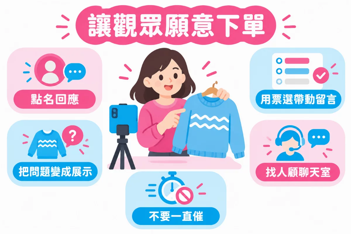 圖解「讓觀眾願意下單」：點名回應、把問題變成展示、用票選帶動留言、找人顧聊天室、不要一直催