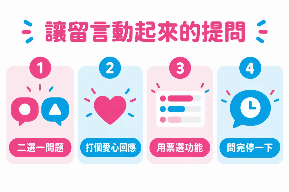 圖解「讓留言動起來的提問」：二選一問題、打個愛心回應、用票選功能、問完停一下