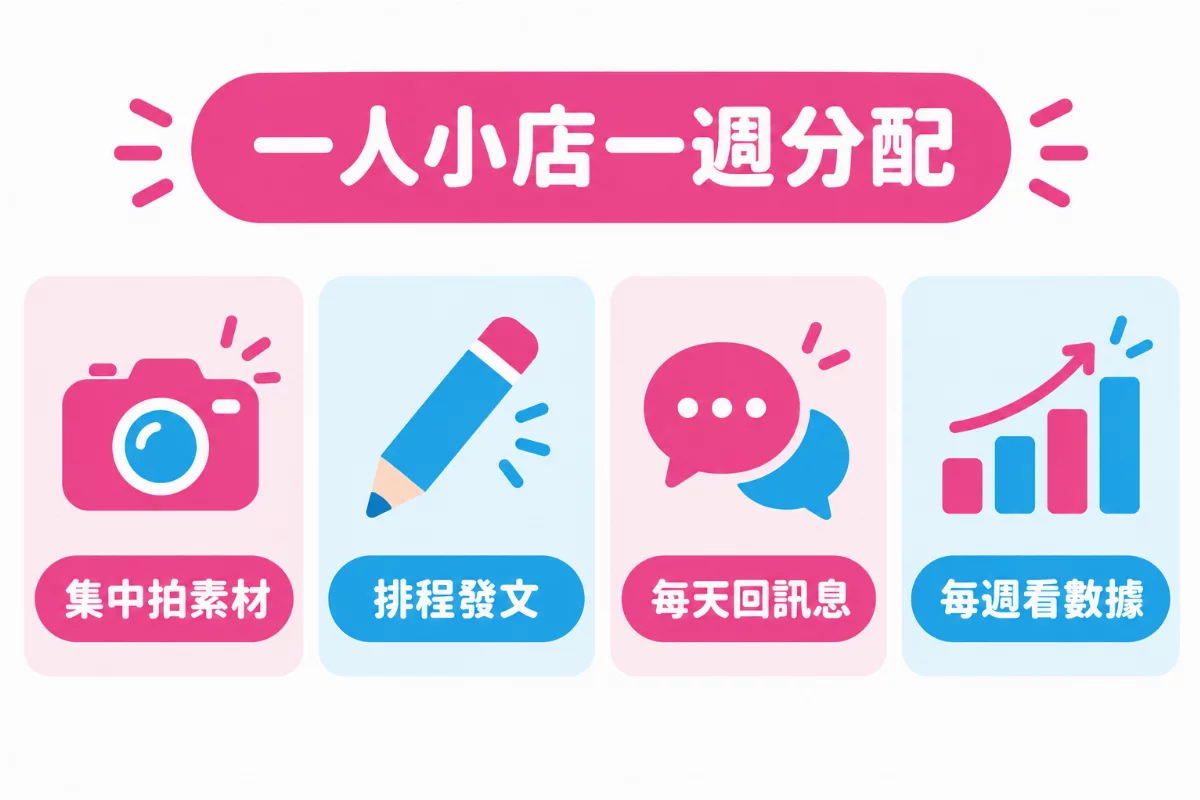 一人小店一週分配:集中拍素材、排程發文、每天回訊息、每週看數據