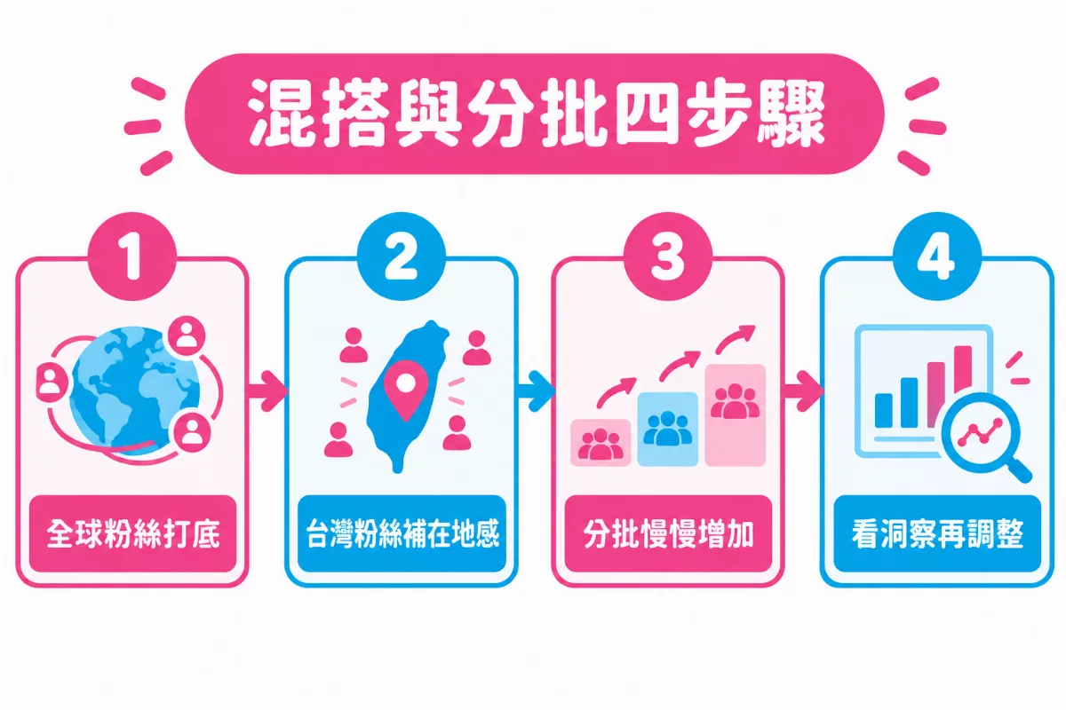 混搭與分批四步驟:全球粉絲打底、台灣粉絲補在地感、分批慢慢增加、看洞察再調整