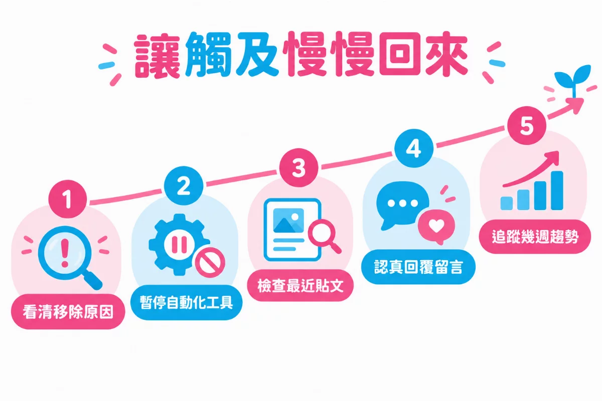 讓觸及慢慢回來的五個步驟：看清移除原因、暫停自動化工具、檢查最近貼文、認真回覆留言、追蹤幾週趨勢