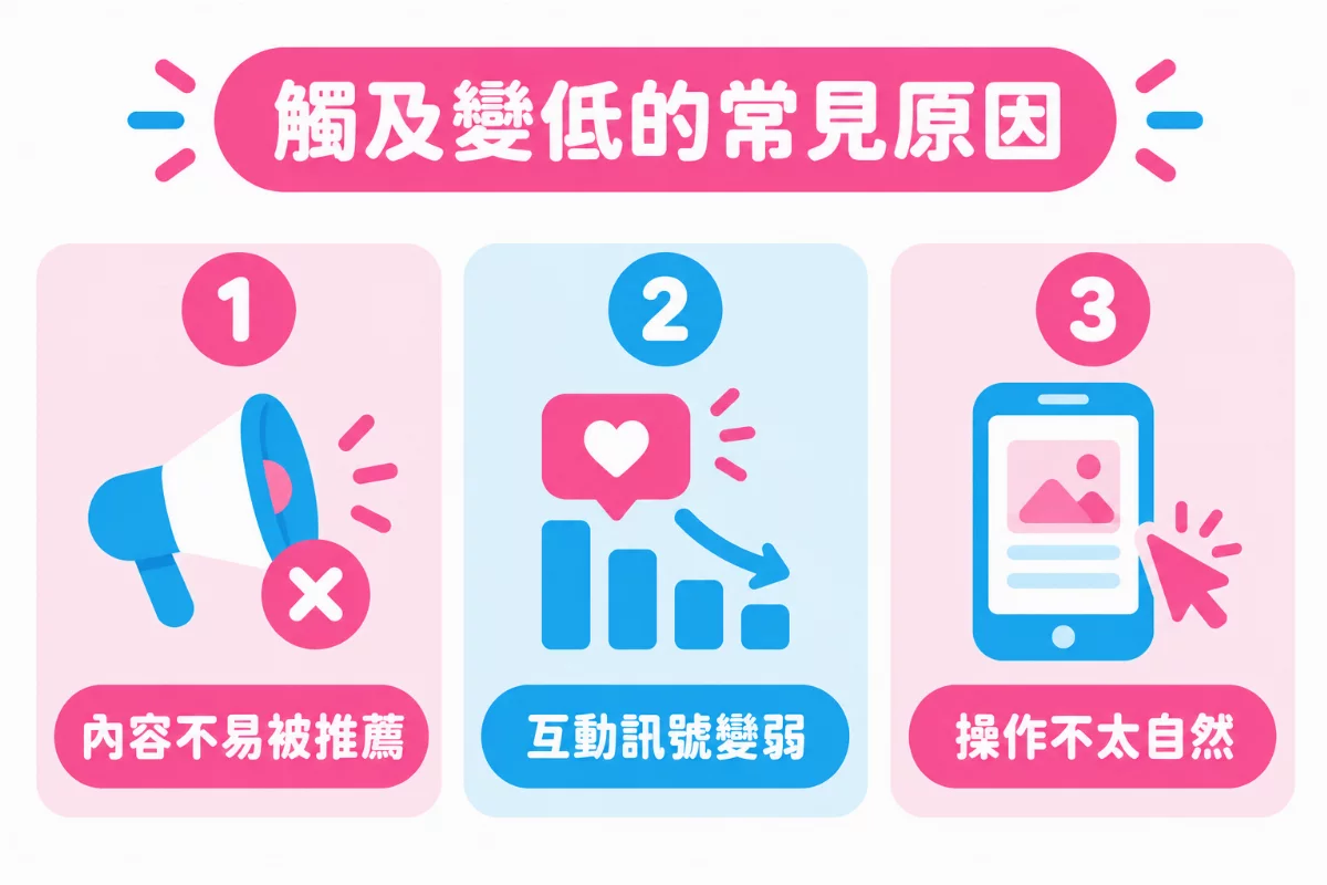 觸及變低的常見原因圖解：內容不易被推薦、互動訊號變弱、操作不太自然