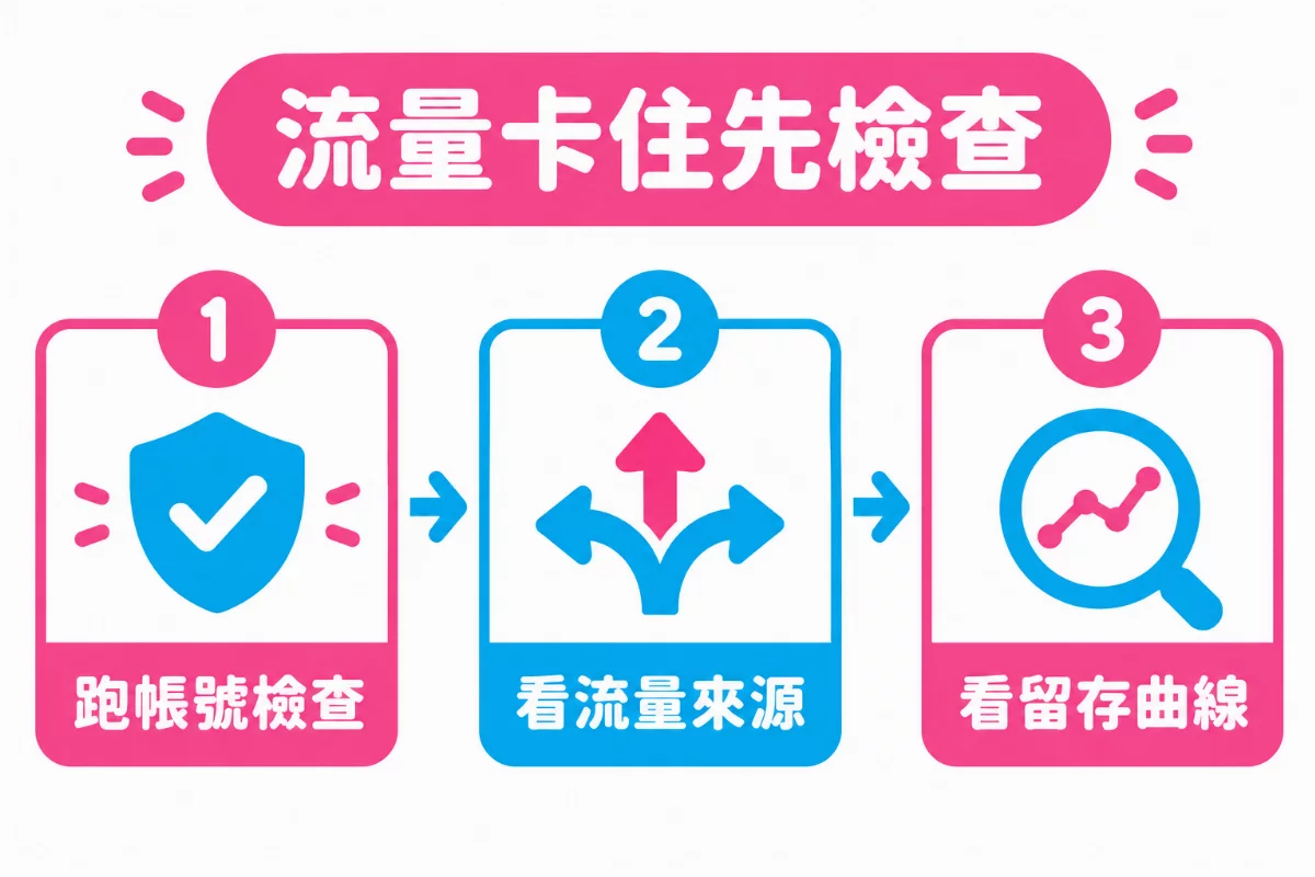 流量卡住先檢查的三個步驟：跑帳號檢查、看流量來源、看留存曲線