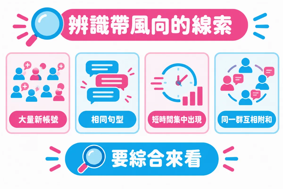 辨識帶風向的線索:大量新帳號、相同句型、短時間集中出現、同一群互相附和,要綜合來看