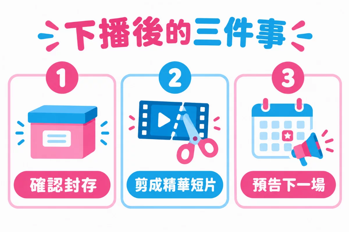 圖解「下播後的三件事」:確認封存、剪成精華短片、預告下一場